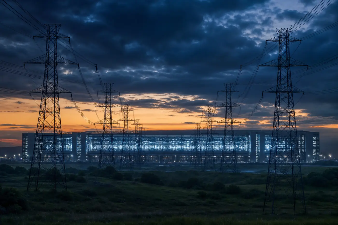 A data center glowing at dusk with high-voltage transmission towers and power lines running toward it.